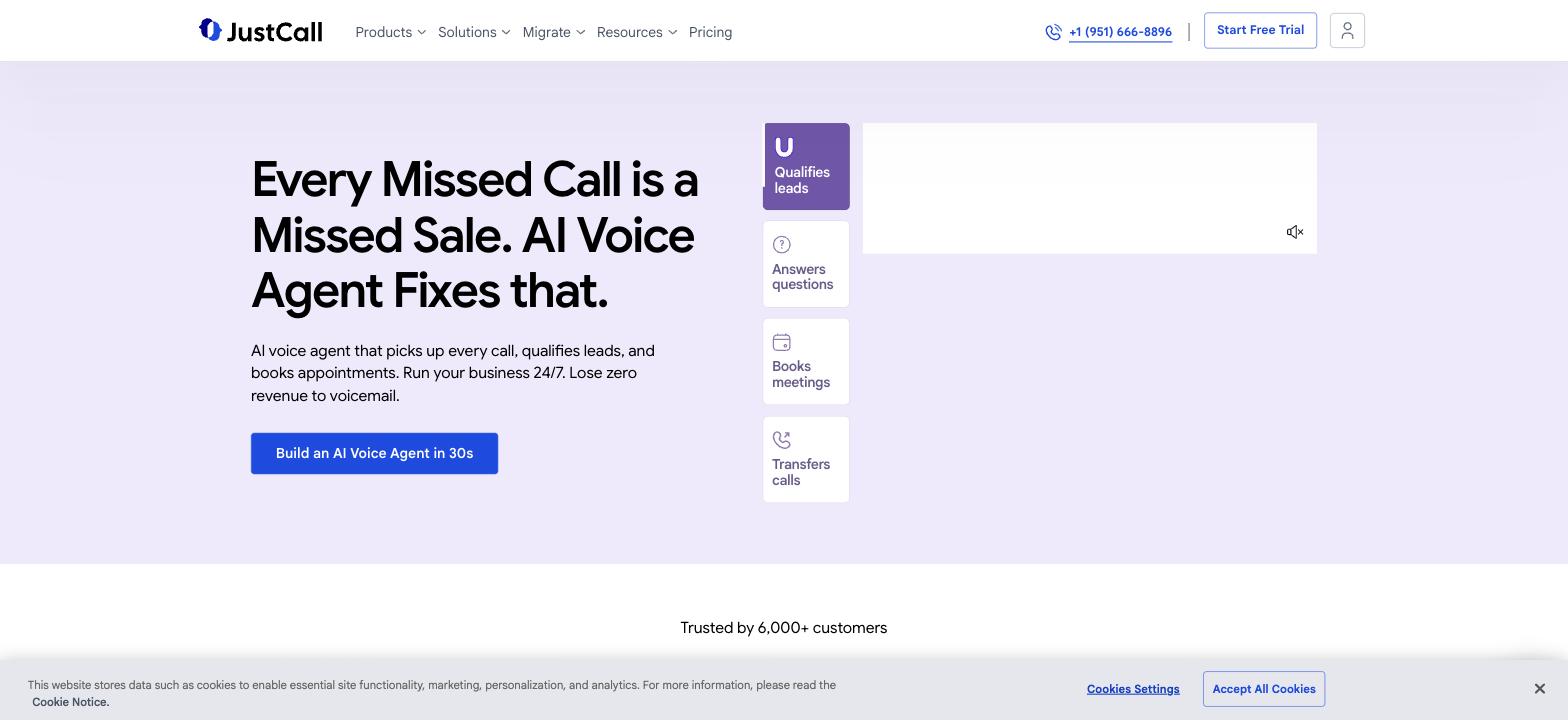 JustCall AI Voice Agent hub page
